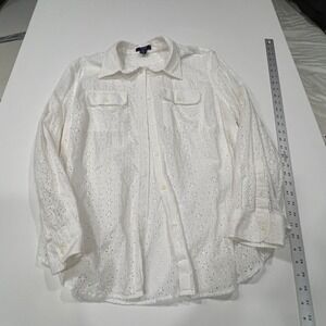 Chaps Denim Eyelet Shirt Women 3X White Cotton Button Up Cottagecore Coastal